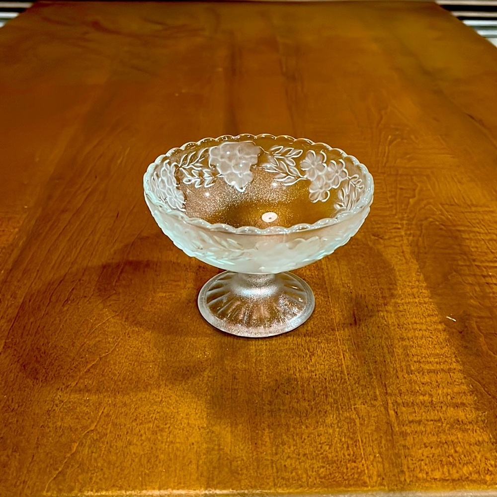Vintage Desert Footed Pressed Glass Bowl Raised Frosted Flowers
